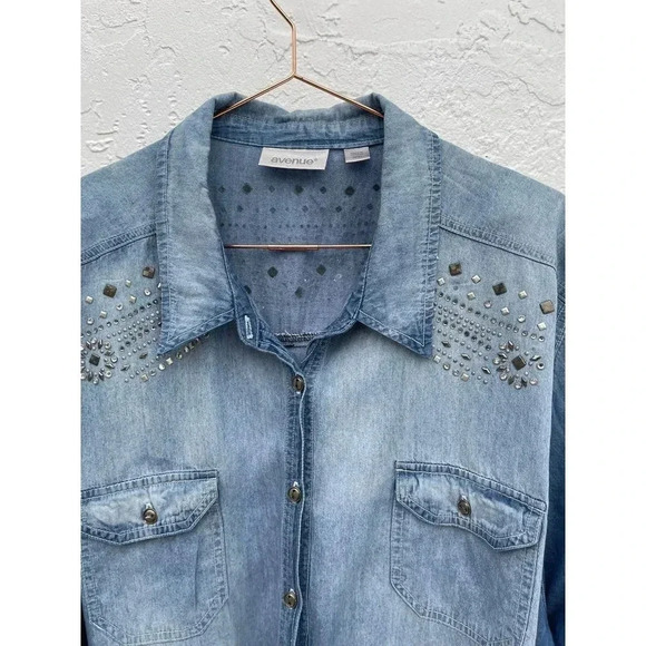 Avenue Womens Long Sleeve Embellished Button Down Denim Shirts Blue Sz XL - Picture 3 of 14